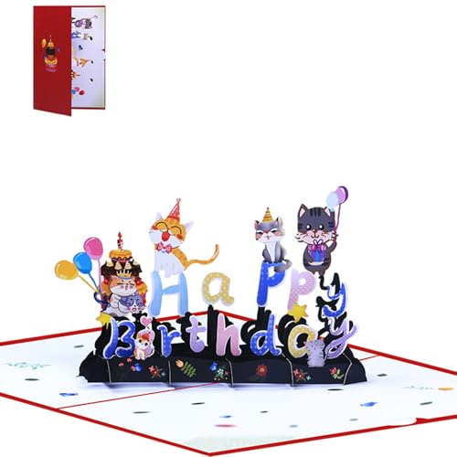 Qsvbeeqj Belle carte d'anniversaire 3D élégante - Motif chat - Enveloppe 3D - Carte de vœux pliable
