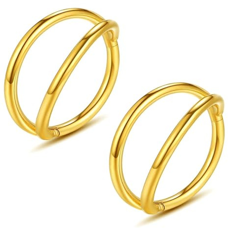 RUGBOL 2 anelli da naso, design a doppio strato, piercing per setto nasale, in acciaio inox, per donna e uomo (oro)