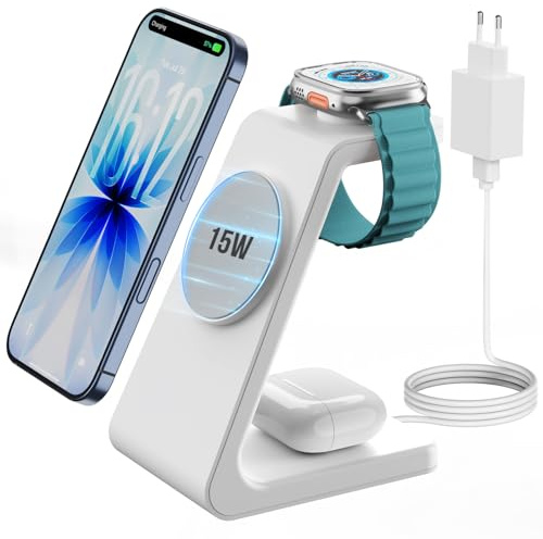GEEKERA 3-in-1 Ladestation mit MagSafe, 15W Schnell Induktive Ladegerät für iPhone Air/17/16/15/14/13, Schnellladegerät für Apple Watch 11-2, Fast Charger Station für AirPods, Weiß