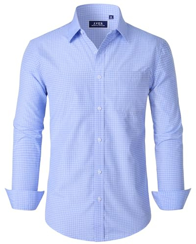 J.VER Mens Shirts Checked Long Sleeve Light Blue Gingham Oktoberfest Regular Fit Plaid Business Smart Casual Dress Shirt M