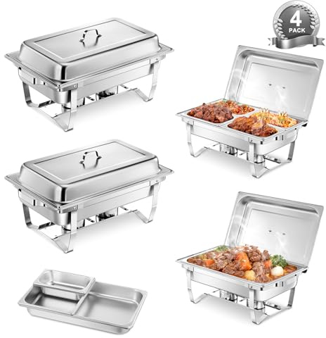 FOHERE Lot de 4 Chafing Dish Buffet,9L Chauffe Plat Buffet en Acier Inoxydable, Buffet Chauffant Chauffe, Chafing Dish en Traiteur, Hôtel, Restaurant, Fêtes, Mariage, (2×GN1/1+2×GN1/2+4×GN1/4)