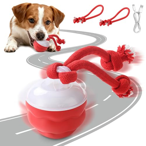 AMFUN Interaktives Hundespielzeug, Interaktiver Spielball für Hunde mit Schnur, Hundeball Elektrisch Ball, 3 Spielmodi, für Kleine Hunde & Welpen(Rot)