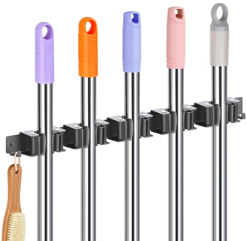 Alyvisun Broom Holder, 5 Slot and 2 Hooks Broom Holder Wall Mounted | Stainless Steel Broom Storage for Garden, Bathroom and Garage Tool Storage - Grey