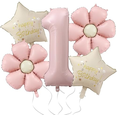 Mavouri Geburtstagsdeko 1 Jahr Mädchen mit Gänseblümchen Folienballon, Luftballon Deko 1. Geburtstag Mädchen Junge, Ballon 1 Geburtstag Mädchen, Helium Ballons 1. Rosa, Deko Kindergeburtstag 1 Jahr