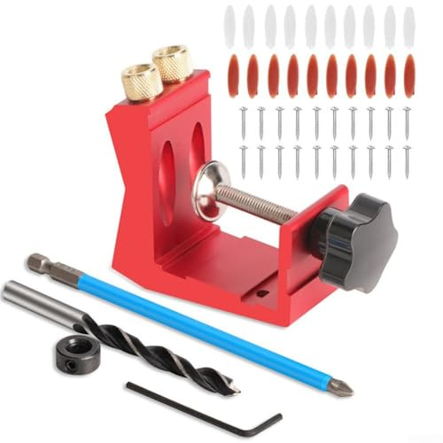 Pocket Hole Jig Drill Guide Adjustable Locator Punch for Precise 15 Degree Angle Screw Hole Positioning with 2 Way Oblique Hole Drilling for Woodworking (Red)