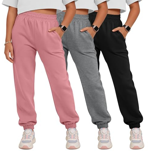 YooAurvox 3 Pack Girls Sweatpants Joggers Athletic Kids Elastic Waist Pants Cuffed Ankles Active Casual with Pockets 5-14Y(Black, Heather Gray, Dusty Rose,9-10 Years)