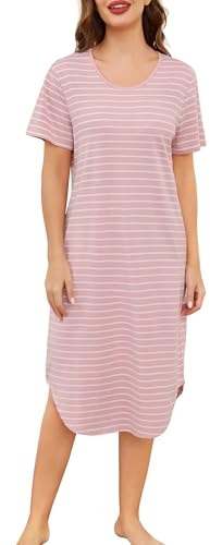 Sopesil Camicia da Notte Donna Manica Corta Camicia da Notte Estiva a Righe con Scollo Rotondo e Tasches Vestiti per Casa Donna Rosa,L
