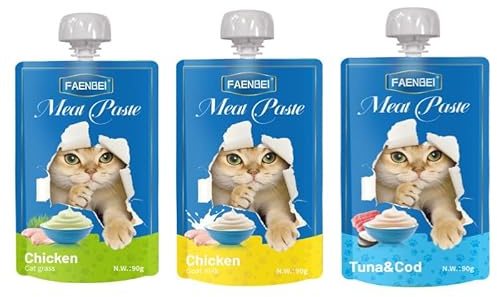 Pasta de carne de gato, 3 x 90 g – 3 variedades (pollo y cabra, pollo y hierba de gato, atún y bacalao), golosinas con taurina y vitaminas para gatos