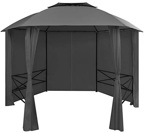 Pabellón de jardín hexagonal con cortinas de 360 x 265 cm, impermeable, doble techo para circulación de aire, marco de acero estable, ideal para fiestas al aire libre y fiestas de barbacoa,