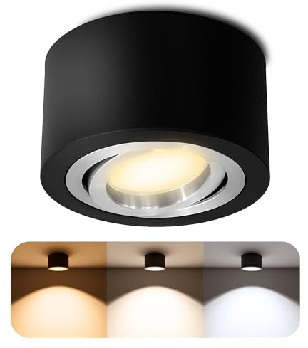 SSC-LUXon LANTI Deckenspot schwarz silber Innenring rund schwenkbar – Aufbauspot mit LED 4W drei einstellbaren Lichtfarben 3CCT – Deckenstrahler für Innenräume