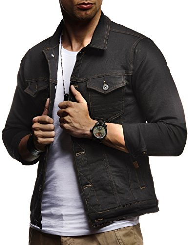 Leif Nelson Herren Jeansjacke Basic Stretch Jeans Jacke Stehkragen Übergangsjacke Hoodie Sweatjacke Freizeitjacke Kapuzenpullover Pullover T-Shirt Slim Fit LN9500; Größe M, Schwarz