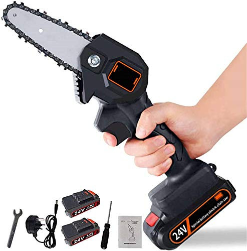 Motosega elettrica senza fili con caricatore e 2 batterie, mini motosega da 4 pollici, piccola sega elettrica portatile per uso domestico, motosega a batteria ricaricabile (Nero)