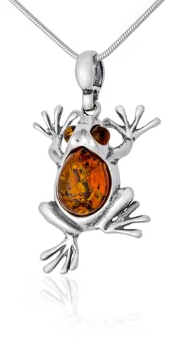 AMBEDORA Collier pour Femmes Grenouille I, Argent Sterling Oxydé, Ambre Baltique Naturel de Couleur Cognac, Pendentif en Argent avec Chaîne