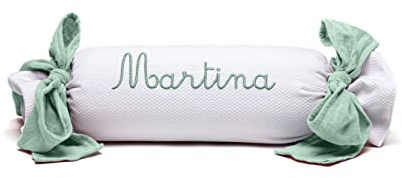 Nenel Cojín Decorativo para Cuna o Carrito Personalizado – Caramelo bebé con Nombre - Rulo recién Nacido Bordado - Bambula (Verde Menta)