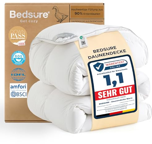 BEDSURE Daunendecke 200x200 Daunen Bettdecke - Warm Winterdecke 90% Daunen und 10% Federn 1280 gr. Füllung, Federbettdecke with Öko-Tex Zertifikat, Waschbar Steppdecke Weiß