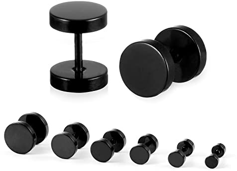 6 Pairs (12 Pieces) Silver Earrings Studs Stainless Steel Ears, Men's Earrings Earrings Studs Set Surgical Steel Fake Ears Plugs Round Barbell Earplugs Flat Disc Earring for Women silver (black)
