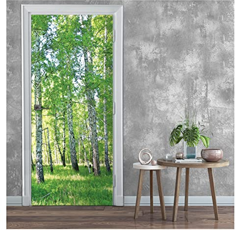Türtapete Birkenwald Wald grün Natur - 91x211 cm einteilig inkl. kleister - Türposter Vlies Fototapete für Tür Wohnzimmer Küche Badezimmer Türaufkleber Türfolie UV-Beständig Montagefertig