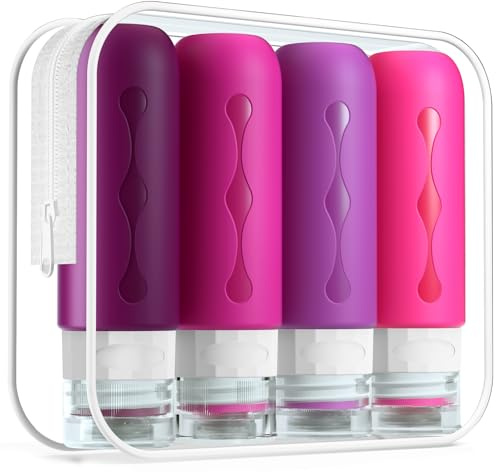 Gemice Silikon Reiseflaschen 90ml Set, 4 Stück auslaufsichere Reise Container und Reise Toilettenartikel Set, FDA zugelassene nachfüllbare Flüssigkeitsbehälter für Shampoo Creme Spülung Körperpflege