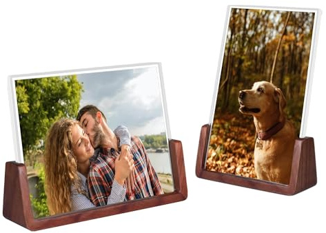Komimaci 4x6 Picture Frame - 2 Pack, Rustic Wooden Photo Frame with Walnut Wood Base and High Definition Acrylic Glass Covers for Tabletop or Desktop Display (4x6 inch, Horizontal + Vertical)