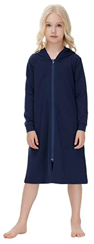 Alunsito Bademäntel für kleine Jungen und Mädchen mit Reißverschluss vorne Kinder-Hausmantel langärmlig Kapuzenpullover Loungewear langes Nachthemd mit Taschen 160 Dunkelblau 13–14 Jahre