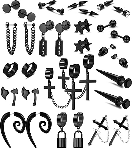 16Paar Ohrringe Herren Edelstahl Schwarz - Hypoallergen Ohrstecker Set Ohrring Creolen Y2k Punk Ohrringe Schwarz für Männer Frauen Herren Schädel Coole Goth Ketten Hängend Ohrring Ohrstecker