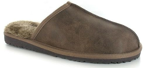 Fella Mens Backless Slippers Mules Soft Distressed Leather Memory Foam Faux Fur Comfort Outdoor Sole Slip Ons (Brown, UK 8)