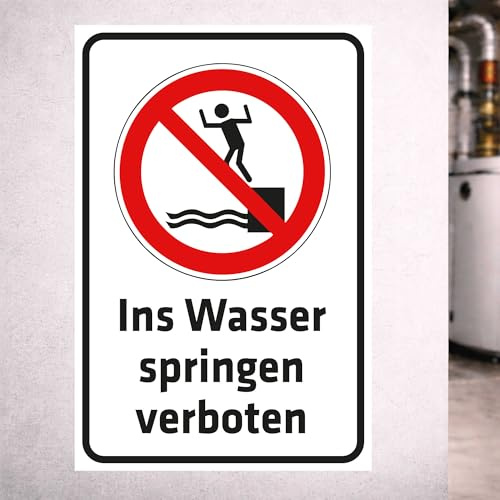 INDIGOS UG - Schild Ins Wasser springen verboten - 400x300 mm - Hinweisschild Warnschild Sicherheitsschild - Aluverbundplatte 3 mm - für Innen und Außen