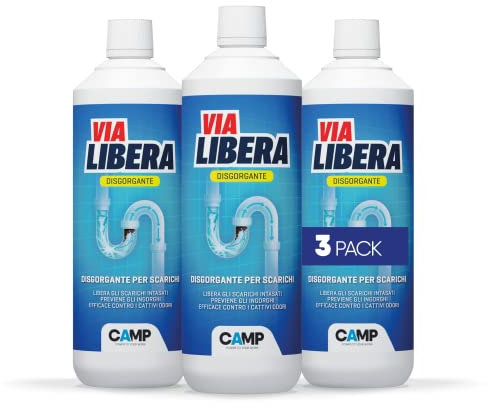 CAMP Via Libera, Disgorgante per Scarichi di Lavandini, Docce e WC, Elimina Ingorghi e Cattivi Odori, 3x1l