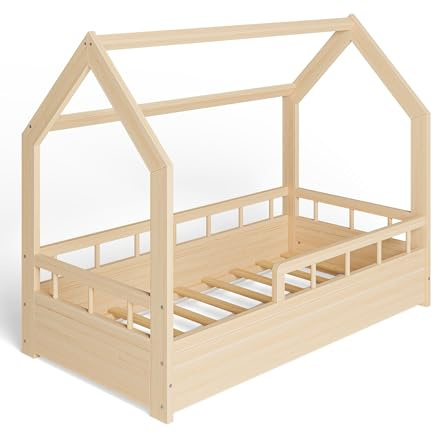 ms factory Hausbett Kinderbett 70x140 cm mit Rausfallschutz und Lattenrost - Einzelbett aus Kiefernholz für Mädchen und Junge - Natur Farblos