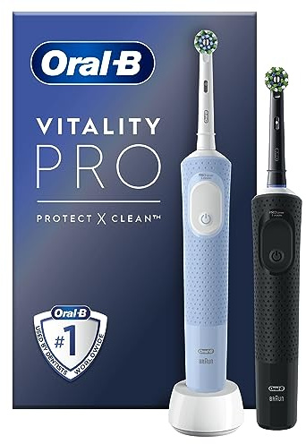 Oral-B Vitality Pro 2x Electric Toothbrushes For Adults, 2 Toothbrush Heads, 3 Brushing Modes Including Sensitive Plus, 2 Pin UK Plug, Black & Blue