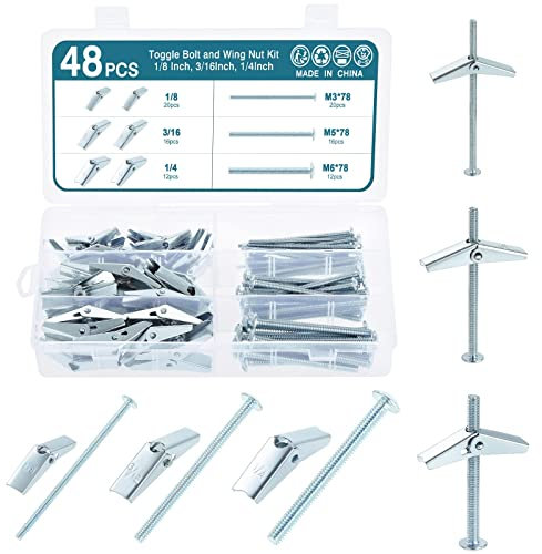 HSEAMALL 48 pz M3 M5 M6 Toggle Bolt e Dado a Farfalla Set per cartongesso Parete Cava Fissaggi Drywall Hanging