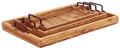 Serviertablett Tablett Gloria Teakholz Holztabletts mit Griff 3er Set rechteckig stapelbar Servier-Tablett für Frühstück Couchtisch Garten