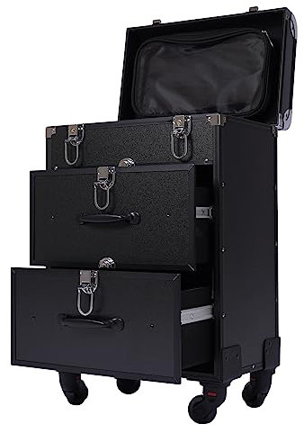 Koffer Mit Kosmetikkoffer Trolley, Rolling Make-up Fall, großer kosmetischer Trolley mit Schlössern, Make-up Tasche mit Trennwänden, Schwarz, Für Professionelle Make-up Künstler
