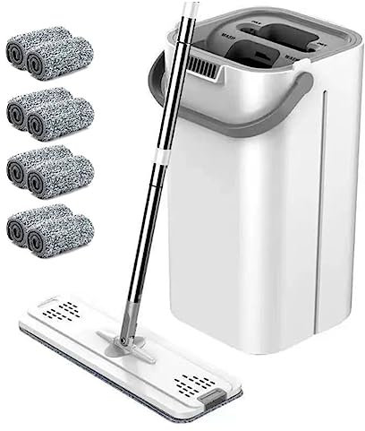 Haptufer Lazy Flat Floor Trapeadores y Juego de Baldes de Limpieza de Suelos con Almohadillas de Microfibra Lavables para Trapeador Plano de Madera