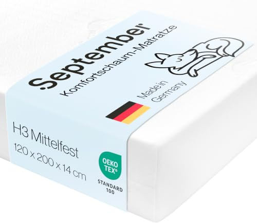 September – Matratze 120x200 cm Komfortschaum mit 14 cm Höhe – Komfortschaummatratze mittelfester Härtegrad H3 für Betten, Boxspringbetten etc. – OEKO-TEX® STANDARD 100 zert. – Bezug bei 60°C waschbar