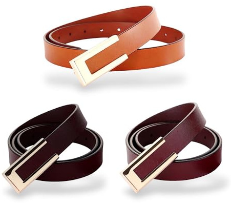 CaserBay Cintura da donna in vera pelle cintura durevole cintura in vita colore oro fibbia cintura per pantaloni, jeans, larghezza 2 cm, Confezione da 3, bordeaux, marrone scuro e arancione-marrone