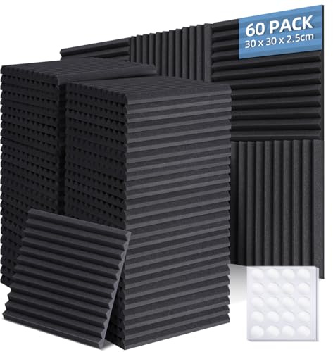 Ohuhu Sound Proofing Panels 60 Pack, 1x12x12 Acoustic Foam Panels Wedges with Double Sided Tape, Fire Retardant High Density Eco-friendly Acoustic Wall Panels for Studio Office Home