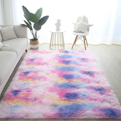 EMPVEX Luxuriöser Teppich für Schlafzimmer, flauschig, rosa, violett, Batik-Teppich, Wohnzimmer, 3-lagiges Material, Teppich, Kinderzimmer, Rosa/Lila, 120 x 160 cm