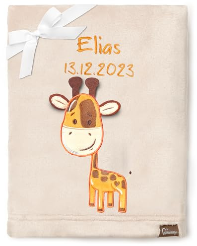 Be Mammy Personalisierte Babydecke mit 3D Applikation Warme Kuscheldecke mit Namen und Geburtsdatum; Perfektes Baby Geschenk; Blanket; Krabbeldecke BE20-280 (Beige - Giraffen)
