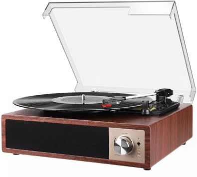DCPICE Tocadiscos Vinilo Vintage Bluetooth, Giradiscos 3 Velocidades 33/45/78 RPM con Altavoces Estéreo, Grabación Digital, Salida RCA/AUX, Marrón Rojizo