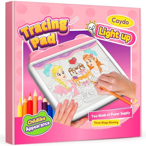 Caydo Light Up Tracing Pad, 3 Helligkeitsstufen Kinder Licht Bord für Zeichnung, Augenschutz, Kinderspielzeug, Typ-C & Batterieversorgung, Geburtstag & Urlaub Geschenk für Mädchen im Alter von 6 7 8 +