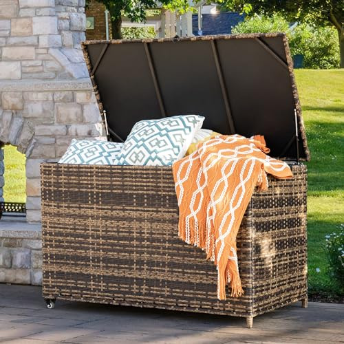 MEISSALIVVE 178 Gallon Outdoor Storage Box, Handle Large Portable Wicker Rattan Deck Box for Patio Furniture Cushions, Patio Deck Box with 2 WheelsThrow Pillows, Garden Tools and Pool Floats (Brown)