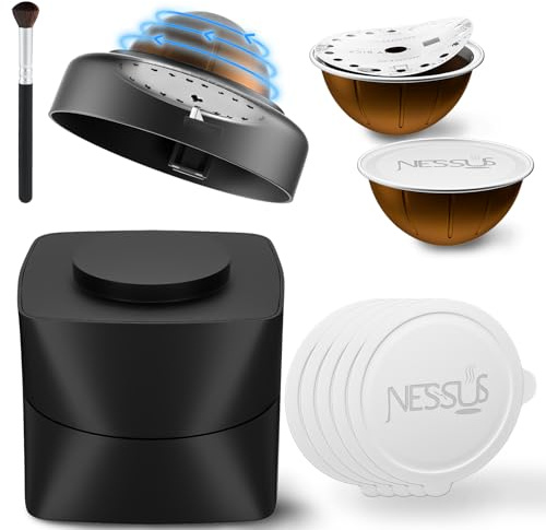 NESSUS Reusable Vertuo Pods Refill Kit - 100PCS Aluminum Foil Lids & Tamp & Press Refillable Vertuo Capsules Holder and Brush
