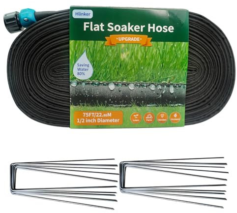 Hlinker 2025 Flacher Tropfschlauch, 22,9 m, mit Pfahl für Garten, verbindbarer Tropfschlauch, DIY, automatisiert, Gartenbewässerungssystem, spart 84 % Wasser, zweilagiges, auslaufsicheres Design,