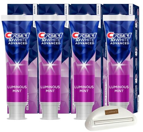 CRST 3DWhite Advanced Luminous Mint Teeth Whitening Toothpaste, 4 Pack of 3.7 oz - Whitens After 1 Brush Bundled with LUXPAKS Toothpaste Squeezer