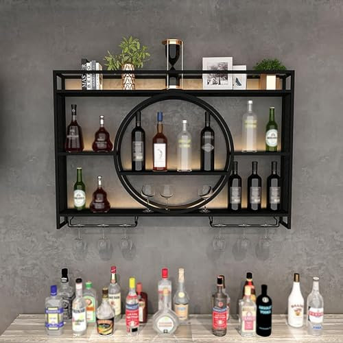 Modern Metal Wall Mounted Wine Display Rack, Bar Unit Floating Shelves Bottle Glass Bar Accessories Shelving Organizer For Home Kitchen(Size:140 * 15 * 80cm,Color:Black)