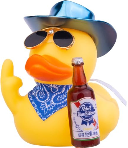 Mwmoeen Gummi Ente Auto Ornament, Gelbe Ente Auto Armaturenbrett Dekorationen Zubehör mit Mini Cowboyhut Schal Sonnenbrille und niedliche Flasche, 6.5cm
