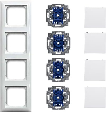 Busch-Jaeger Balance SI Komplett-Set: 4x 2000/6 US Wippschalter-Einsatz + 4x 2506-914 Wippe + 1722-914 4fach Rahmen Alpinweiß
