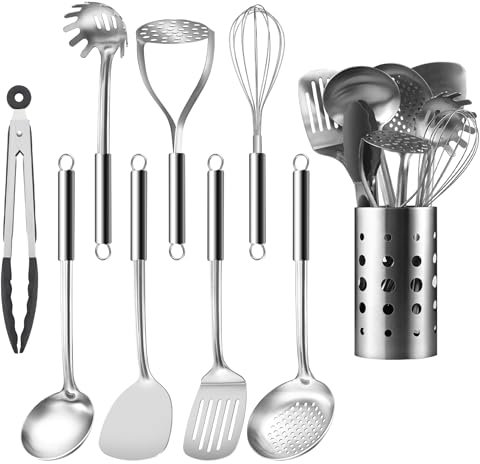 Pleafind Utensilios de cocina acero inoxidable, 9 piezas, con Cucharones de cocina, Espumadera, Espátula, Espátula ranurada, Varillas Cocina, Cuchara para Pasta, Machacador de Patatas, Pinzas Cocina