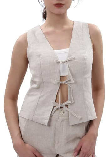Amazhiyu Chaleco de traje para mujer, chaleco de lino sin mangas, corto, chaleco de lino, cuello en V, chaleco para mujer, chaleco de verano, elegante, con cordones en la parte delantera, lino, S